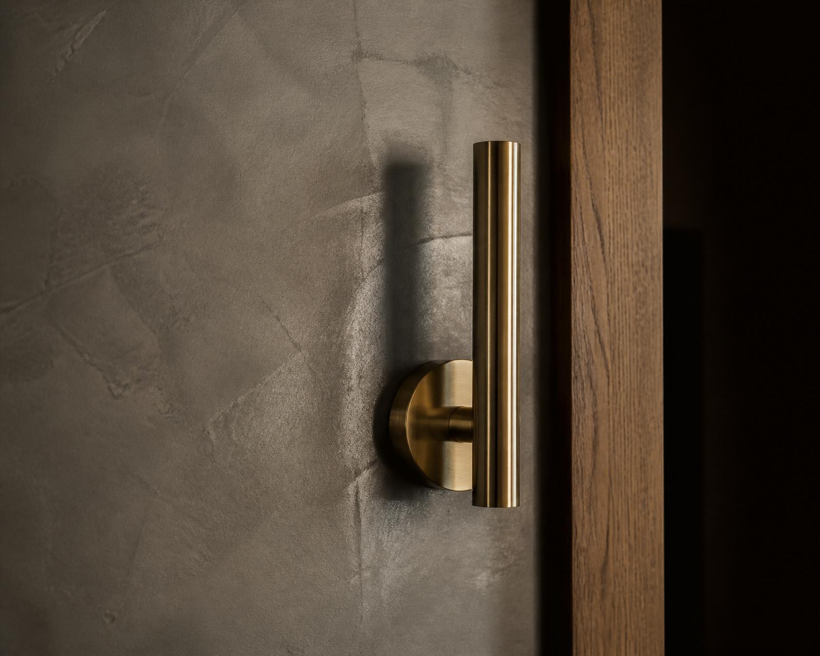 Studio flat-lay of stone, oak and drafting tools